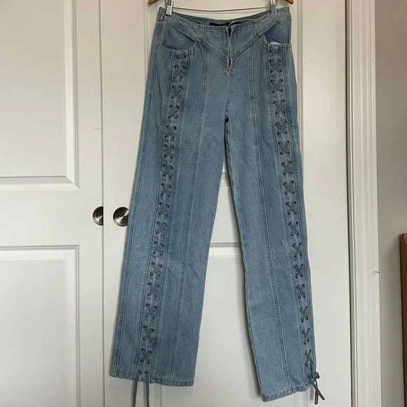 Lioness Daydream Tie Up Jean / Sky Blue Lace-Up Wide Leg Jeans - Picture 2 of 14